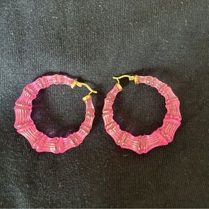 Indie designer wolf & badger resin bamboo pink Barbiecore hoop earrings